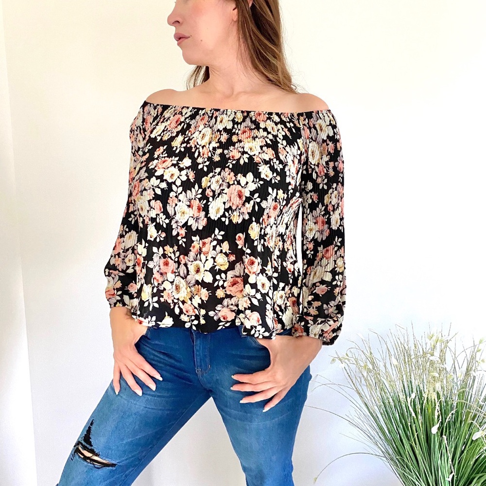 Flowy Stretch Floral Black Top by Free Press